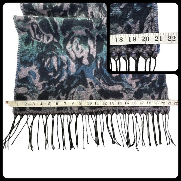 Steve Madden Blue Multi Floral Scarf Raw Edge Tassel L75" X W21"  Fringe 4" - Picture 12 of 12